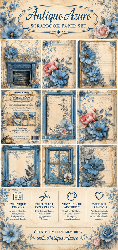 Antique Azure scrapbook paper set with floral and decorative elements.
