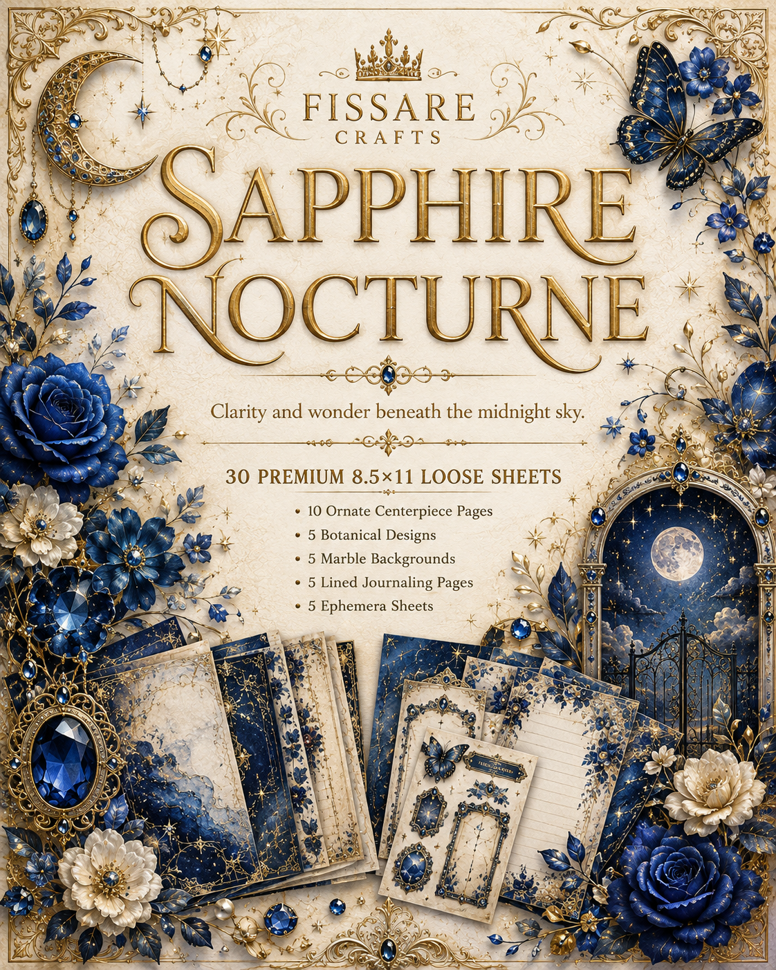 Sapphire Nocturne 30-sheet scrapbook and journaling paper collection cover in royal blue and antique gold