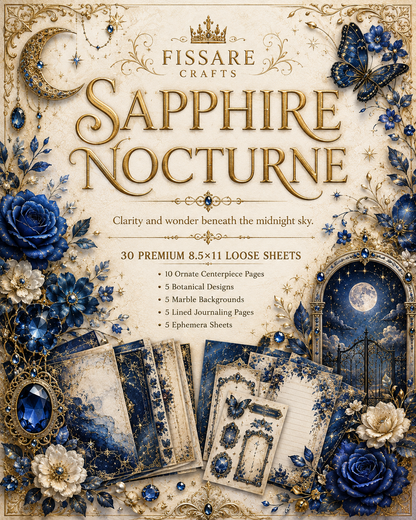 Sapphire Nocturne 30-sheet scrapbook and journaling paper collection cover in royal blue and antique gold