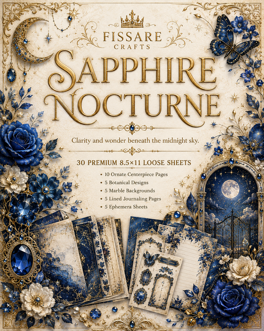 Sapphire Nocturne 30-sheet scrapbook and journaling paper collection cover in royal blue and antique gold