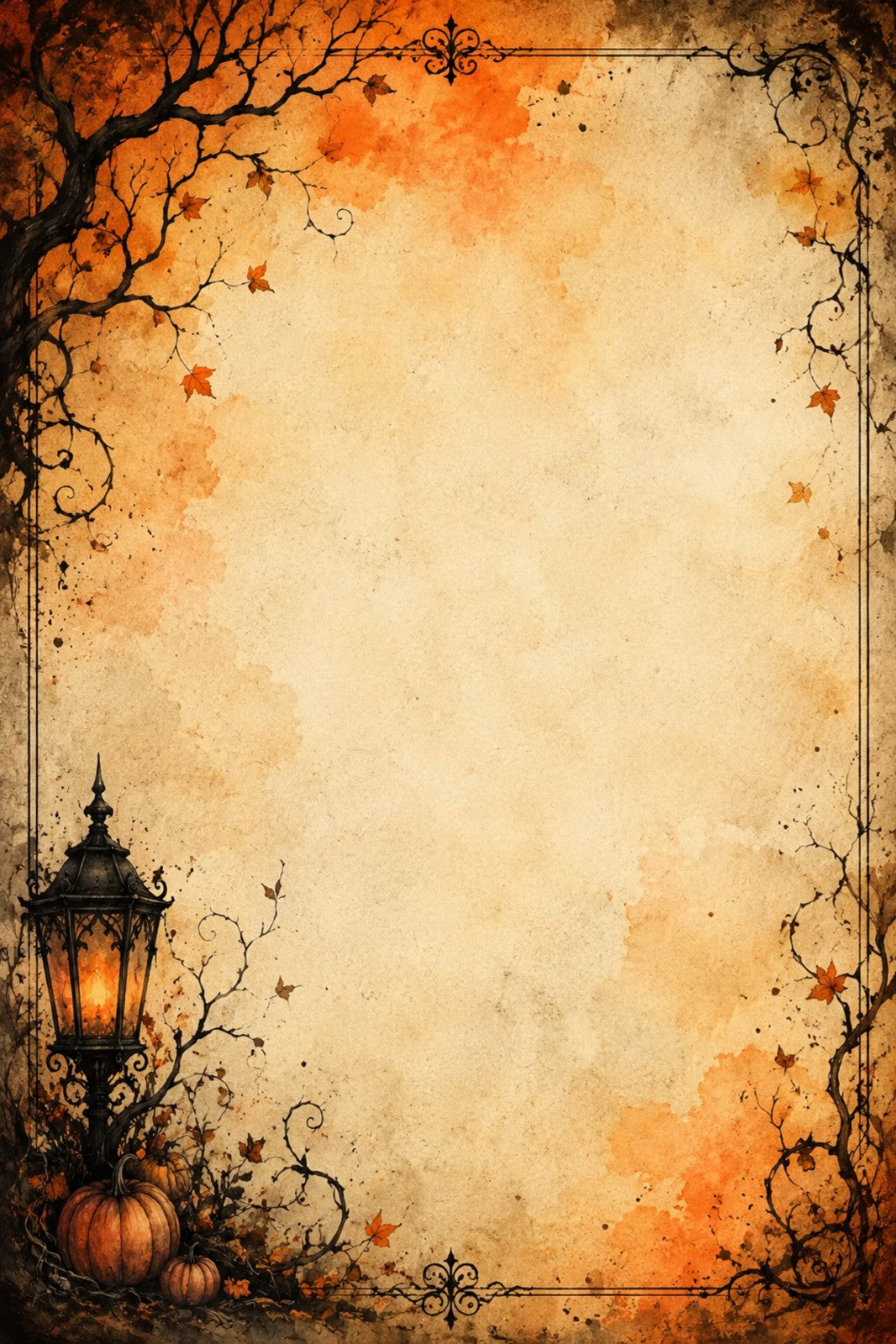 Halloween journaling paper with open writing space, lantern, pumpkins, bare branches, and orange watercolor