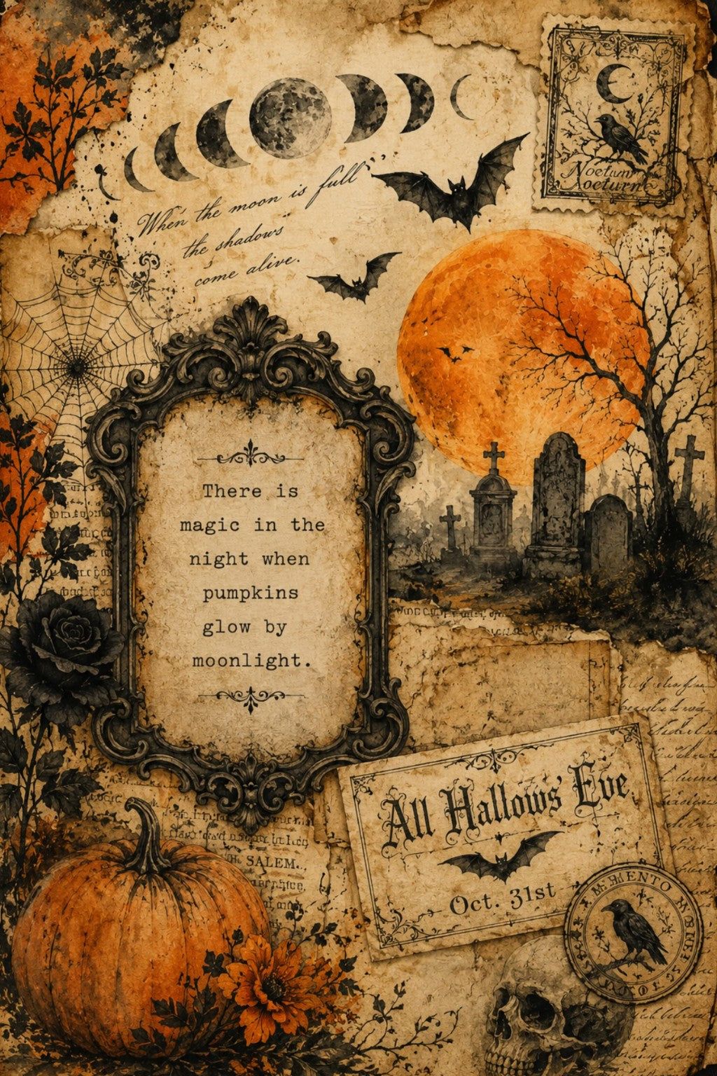 Vintage Halloween collage paper with orange moon, bats, cemetery, pumpkins, and gothic frame
