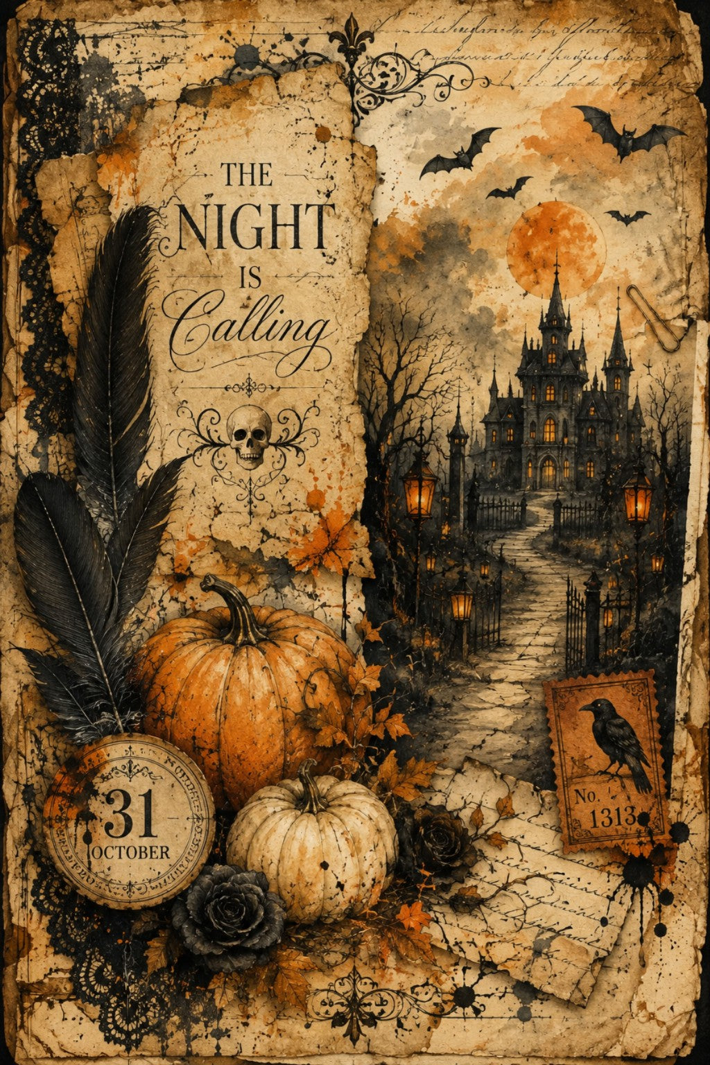 Vintage Halloween scrapbook paper with haunted manor, pumpkins, raven feathers, and October 31 motif