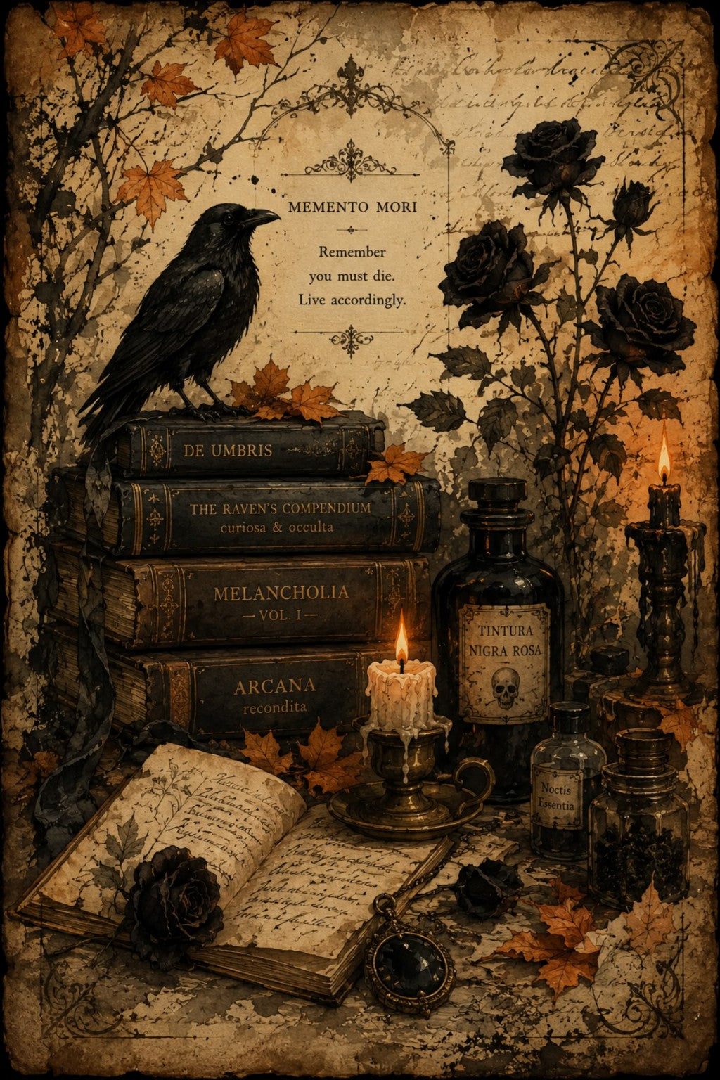 Gothic scrapbook paper with raven, black roses, antique books, candles, and apothecary bottles