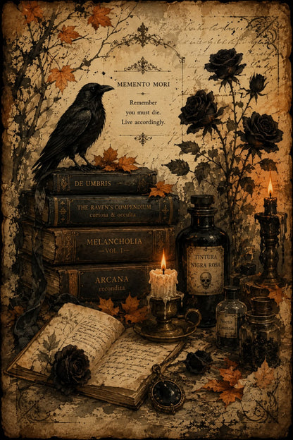 Gothic scrapbook paper with raven, black roses, antique books, candles, and apothecary bottles