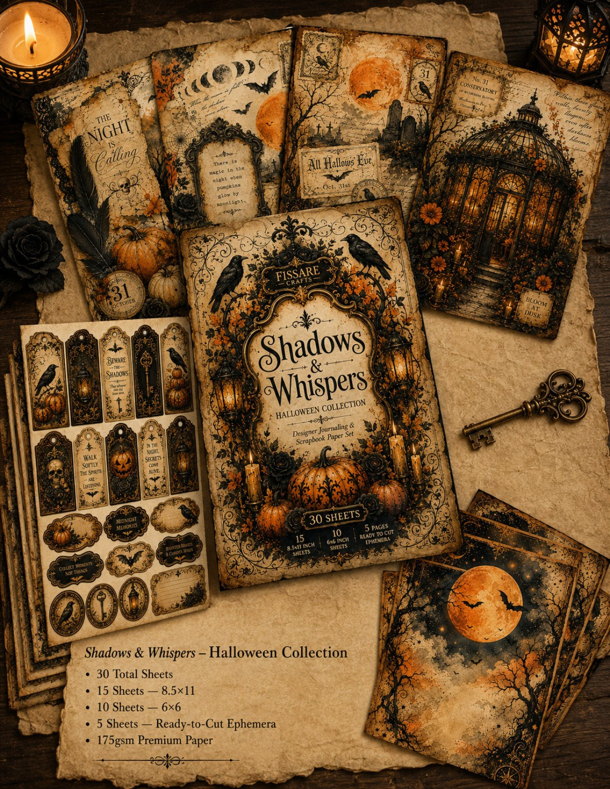 Shadows & Whispers Halloween scrapbook paper set specifications and collection preview