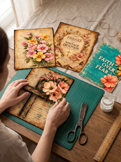 A person's hands are shown crafting a vintage-style devotional sign on a green cutting mat, surrounded by other finished floral and scripture-themed signs on a wooden table.