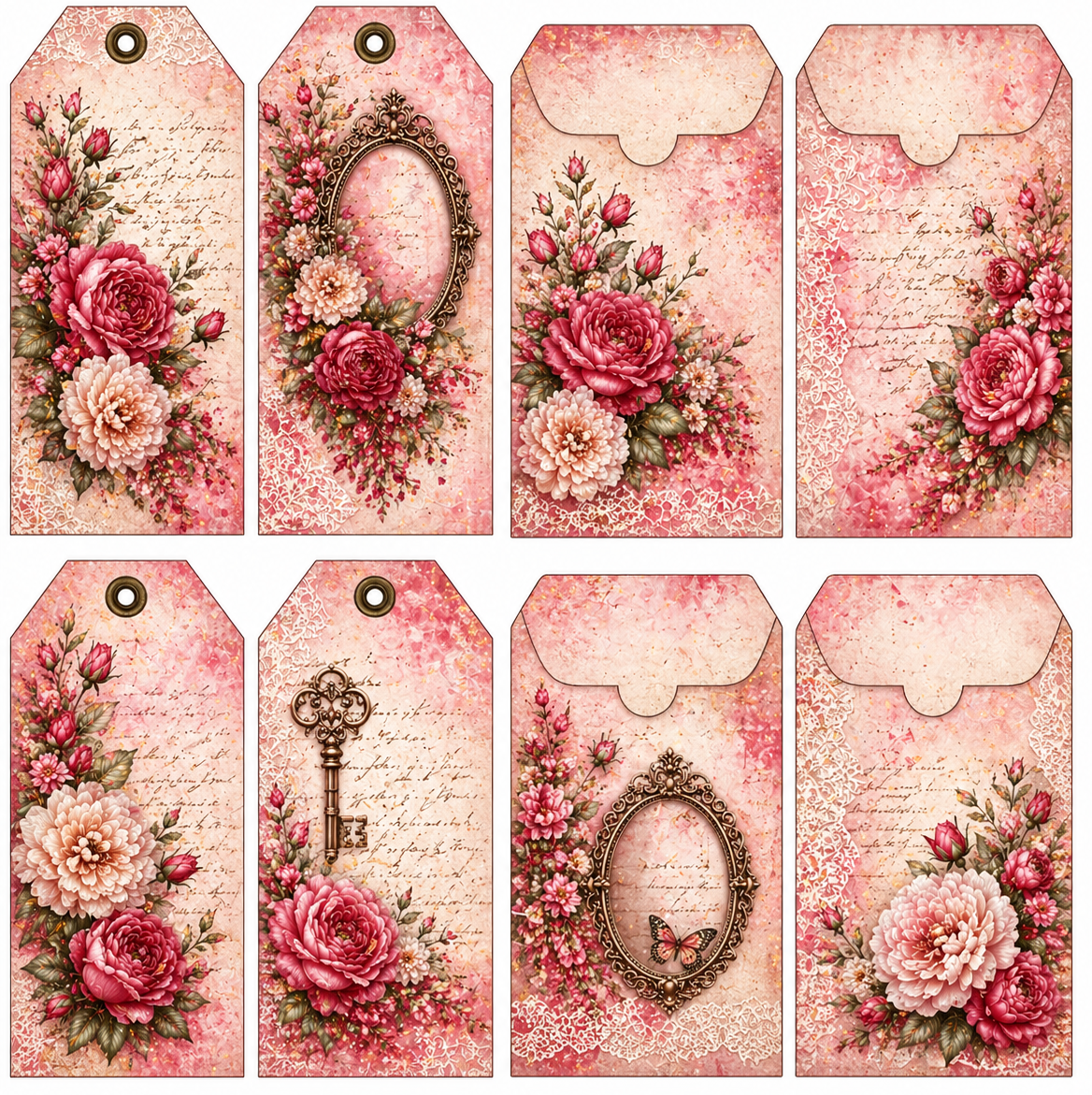 Set of decorative tags and envelopes with floral and vintage designs on a white background.