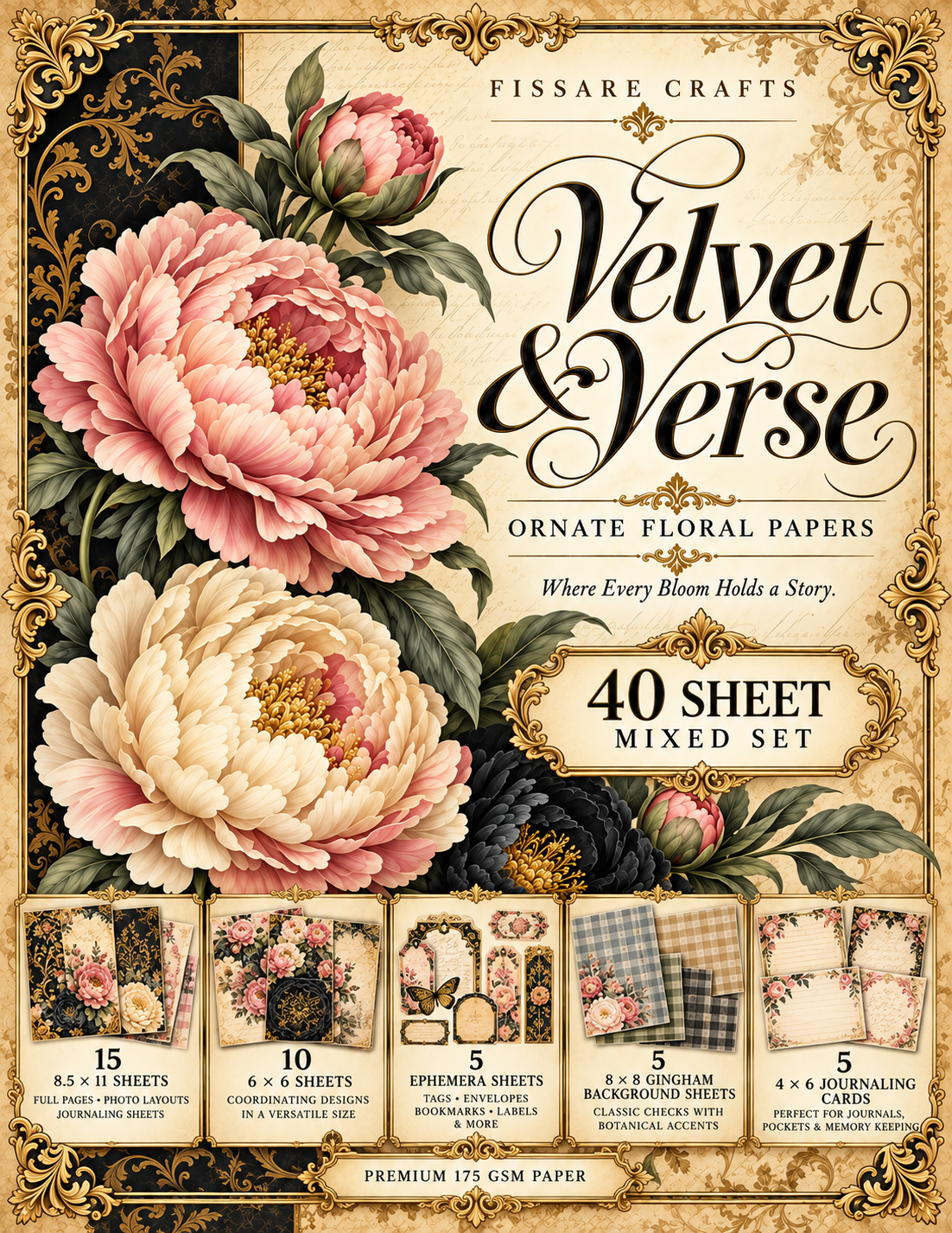 Velvet & Verse FISSARE Crafts 40-piece mixed floral paper set: 15 8.5x11, 10 6x6, 5 ephemera, 5 8x8 gingham, 5 4x6 journaling cards