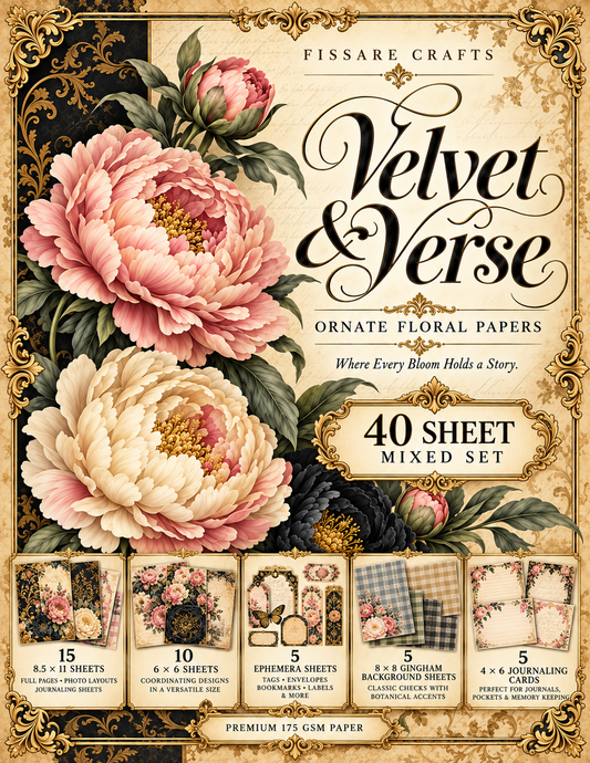 Velvet & Verse FISSARE Crafts 40-piece mixed floral paper set: 15 8.5x11, 10 6x6, 5 ephemera, 5 8x8 gingham, 5 4x6 journaling cards