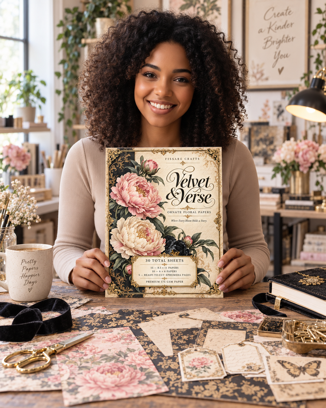 Woman holding the Velvet & Verse ornate floral scrapbook paper collection at a craft table