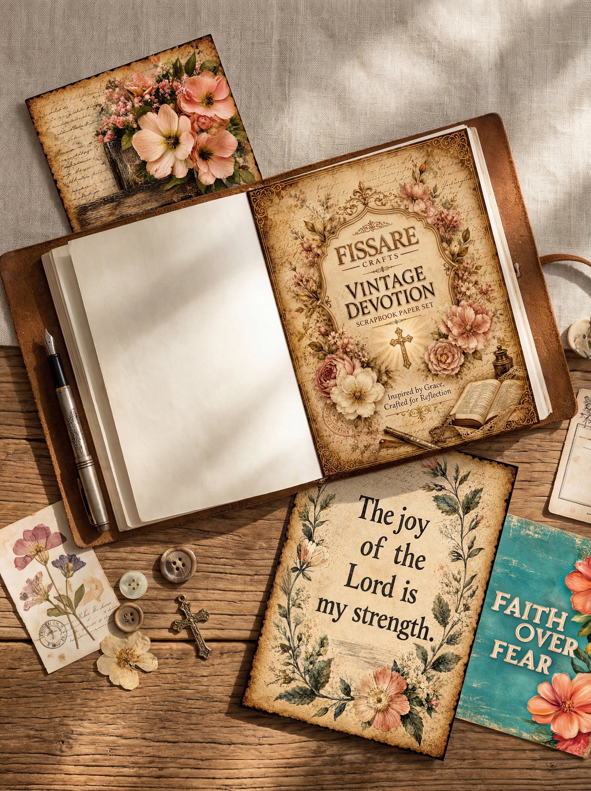 A styled flat-lay of a vintage-themed journal and matching decorative cards on a wooden surface. The open journal shows floral vintage-style covers, one with the text 'FISSARE MY LOVE VINTAGE DEVOTION' and another with 'The joy of the Lord is my strength.