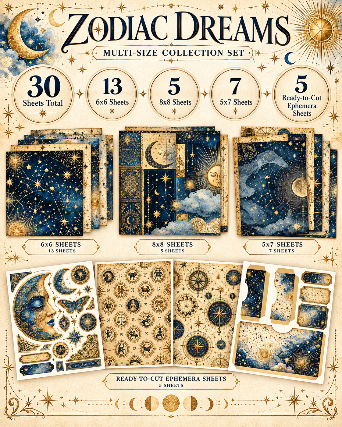 Zodiac Dreams mixed size collection sheet-count specifications: 13 six by six, 5 eight by eight, 7 five by seven, 5 ephemera