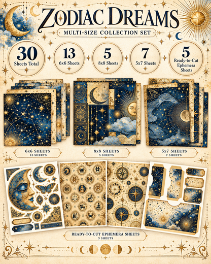 Zodiac Dreams mixed size collection sheet-count specifications: 13 six by six, 5 eight by eight, 7 five by seven, 5 ephemera